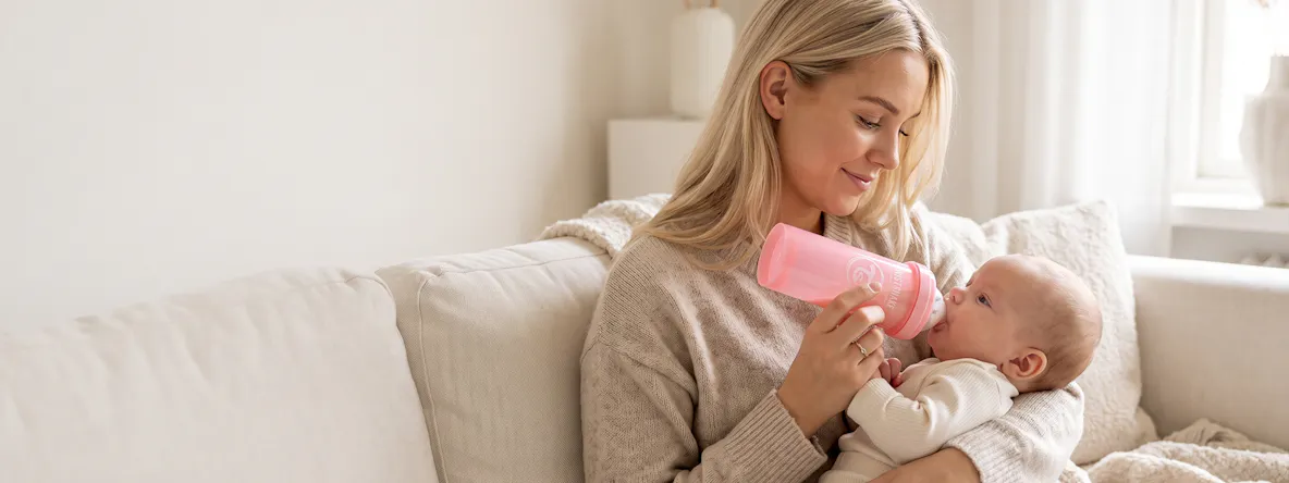 Baby som drikker fra en TWISTSHAKE t&aring;teflaske
